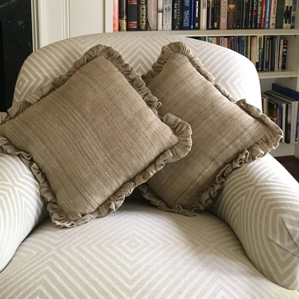 Linen pillow with ruffle burlap/olive color